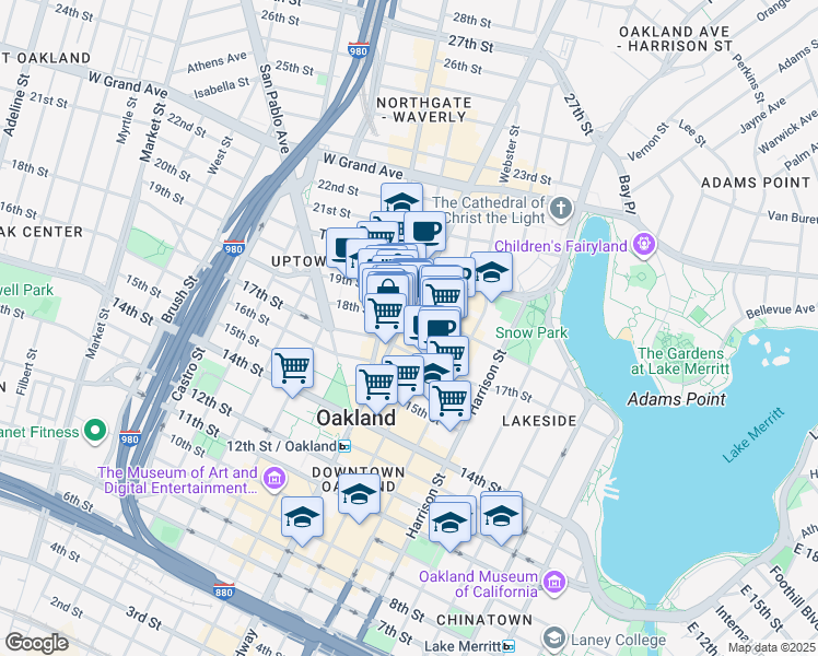 map of restaurants, bars, coffee shops, grocery stores, and more near in Oakland