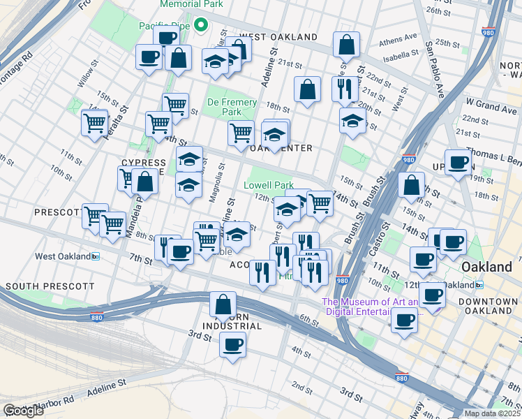 map of restaurants, bars, coffee shops, grocery stores, and more near 1109 Linden Street in Oakland