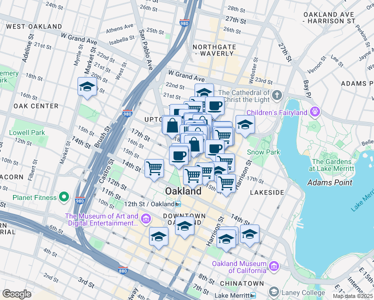 map of restaurants, bars, coffee shops, grocery stores, and more near 510 17th Street in Oakland