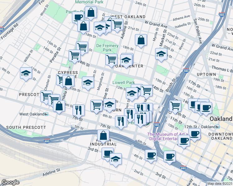 map of restaurants, bars, coffee shops, grocery stores, and more near 1108 Chestnut Street in Oakland