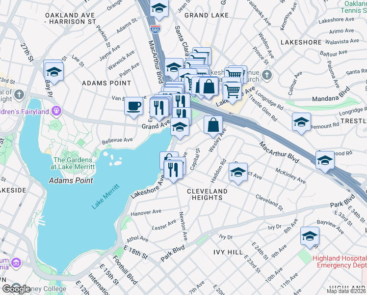 map of restaurants, bars, coffee shops, grocery stores, and more near 520 Boden Way in Oakland
