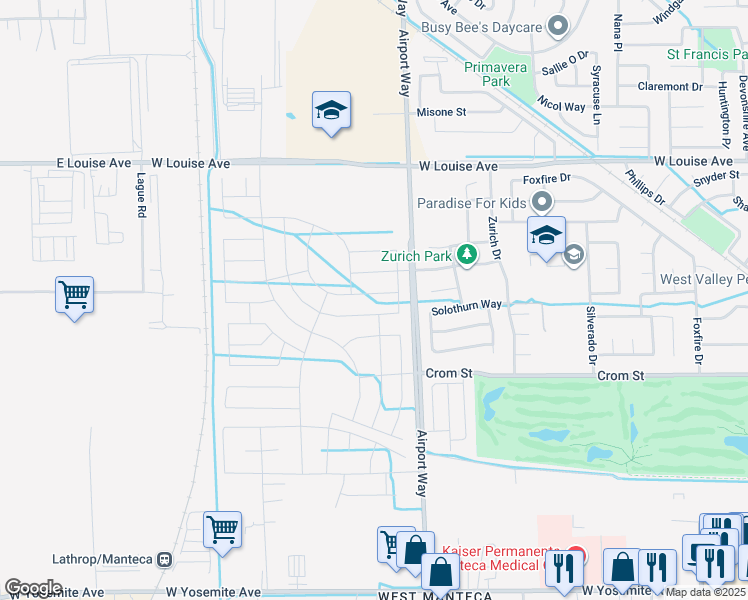 map of restaurants, bars, coffee shops, grocery stores, and more near 6639-8817 Airport Way in Manteca