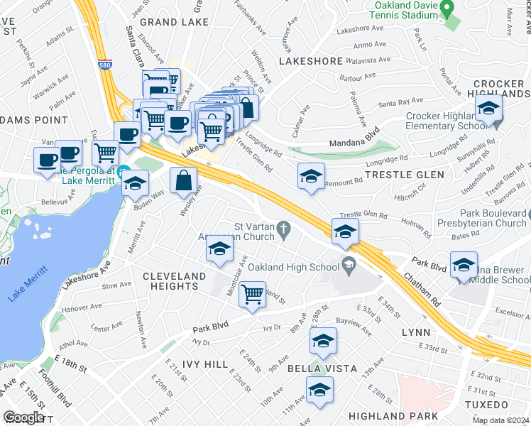 map of restaurants, bars, coffee shops, grocery stores, and more near 759 Barbara Road in Oakland