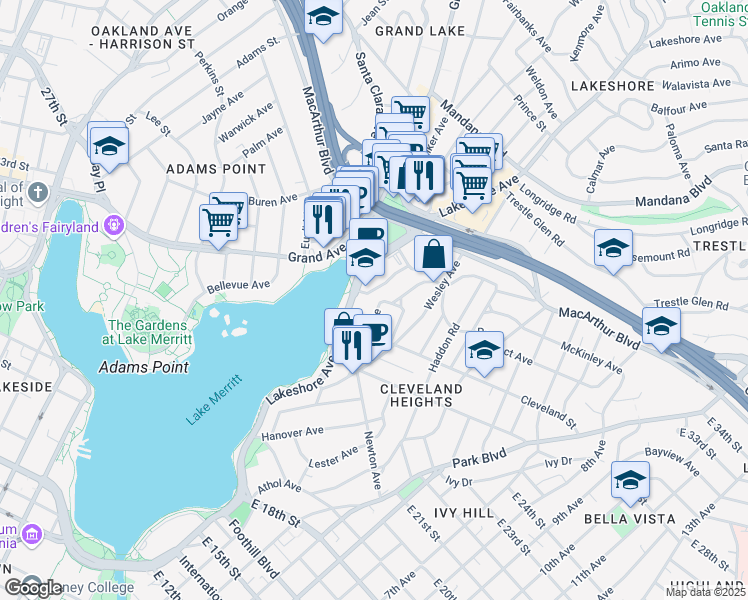 map of restaurants, bars, coffee shops, grocery stores, and more near 520 Boden Way in Oakland