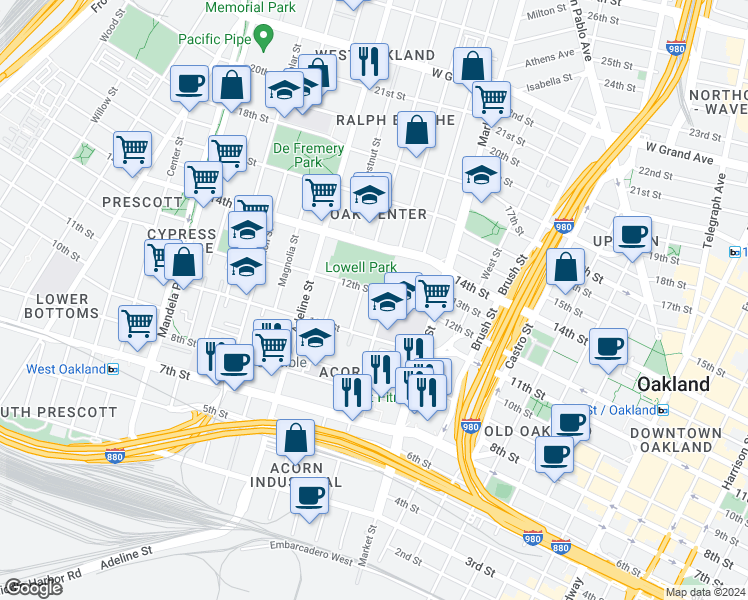map of restaurants, bars, coffee shops, grocery stores, and more near 1035 12th Street in Oakland