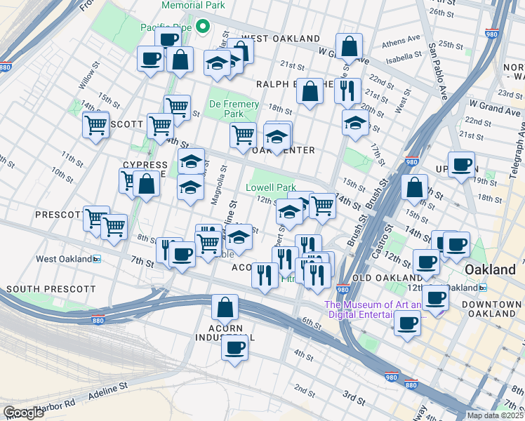 map of restaurants, bars, coffee shops, grocery stores, and more near 1035 12th Street in Oakland