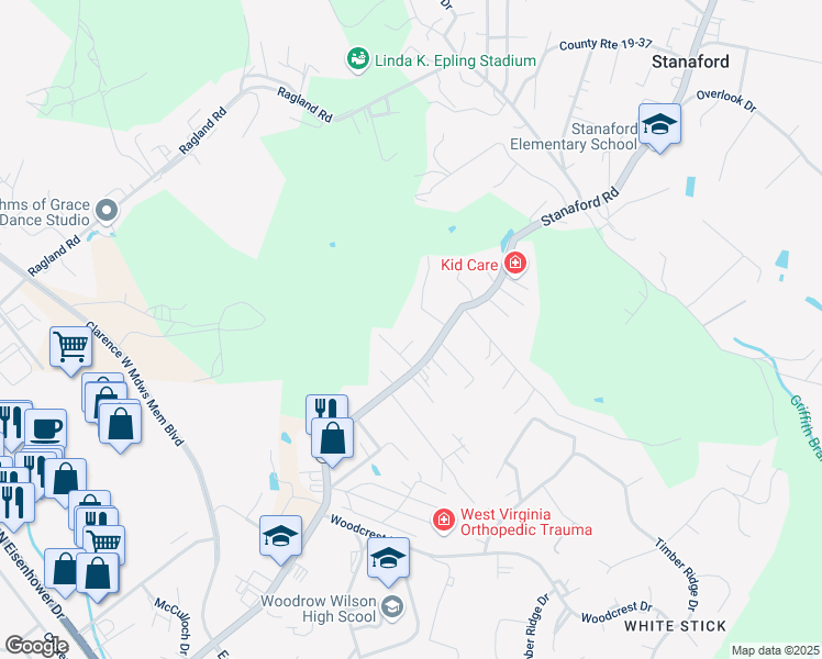 map of restaurants, bars, coffee shops, grocery stores, and more near 115 Chesla Lane in Beckley