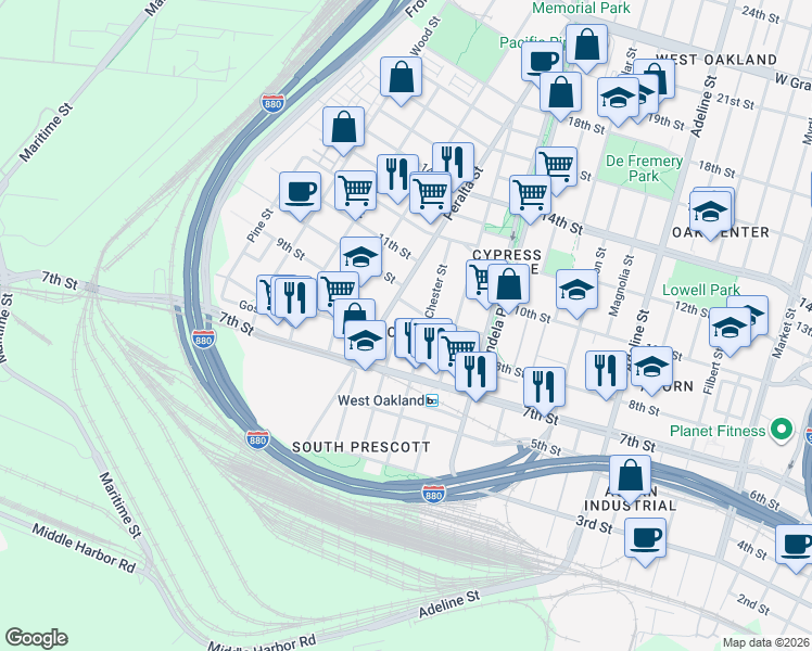 map of restaurants, bars, coffee shops, grocery stores, and more near 824 Henry Street in Oakland
