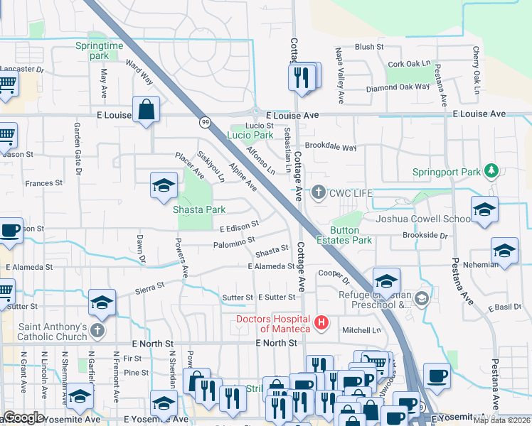 map of restaurants, bars, coffee shops, grocery stores, and more near 604 Alpine Avenue in Manteca