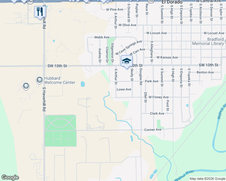 map of restaurants, bars, coffee shops, grocery stores, and more near 1133 South Arthur Street in El Dorado