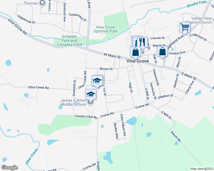 map of restaurants, bars, coffee shops, grocery stores, and more near 410 Locust Street in Vine Grove