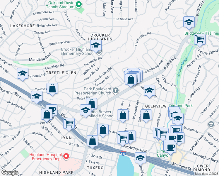 map of restaurants, bars, coffee shops, grocery stores, and more near 1411 Holman Road in Oakland