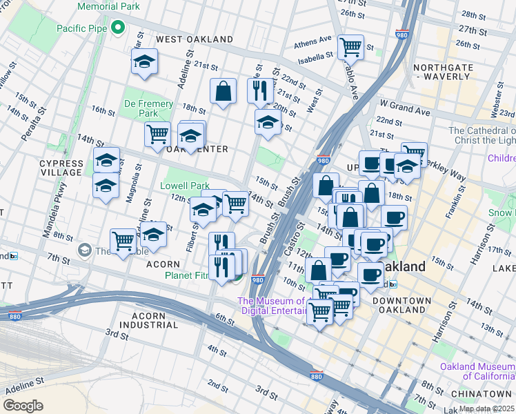 map of restaurants, bars, coffee shops, grocery stores, and more near 801 14th Street in Oakland