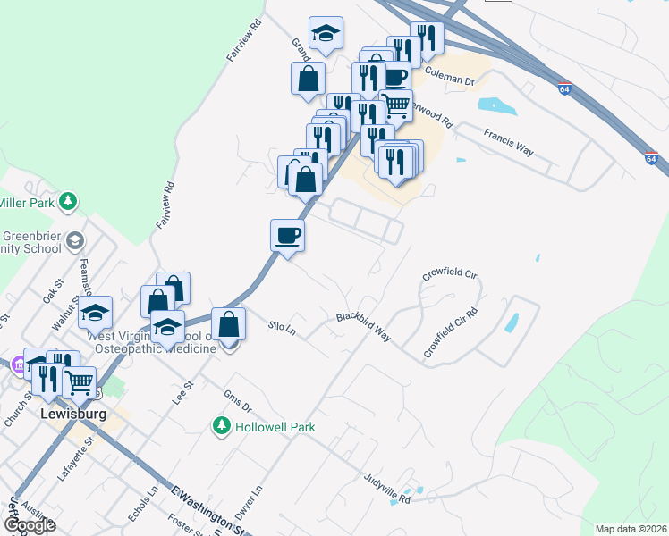 map of restaurants, bars, coffee shops, grocery stores, and more near 224 North Rosewood Drive in Lewisburg