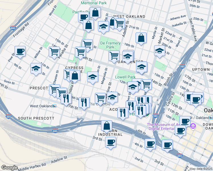 map of restaurants, bars, coffee shops, grocery stores, and more near 1027 Adeline Street in Oakland