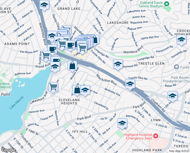 map of restaurants, bars, coffee shops, grocery stores, and more near 730 Hillgirt Circle in Oakland