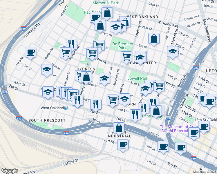 map of restaurants, bars, coffee shops, grocery stores, and more near in Oakland