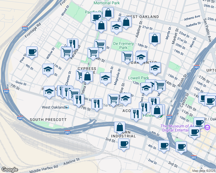 map of restaurants, bars, coffee shops, grocery stores, and more near in Oakland