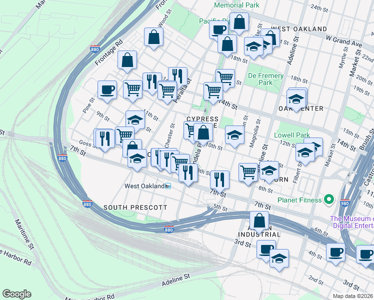 map of restaurants, bars, coffee shops, grocery stores, and more near in Oakland