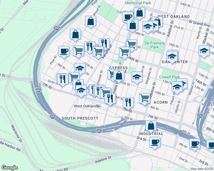 map of restaurants, bars, coffee shops, grocery stores, and more near in Oakland