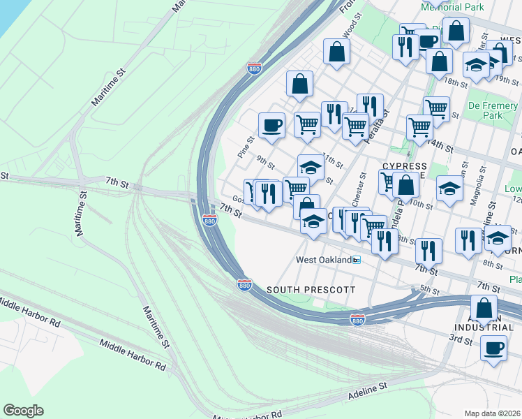 map of restaurants, bars, coffee shops, grocery stores, and more near 1717 8th Street in Oakland