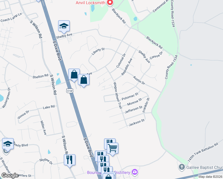 map of restaurants, bars, coffee shops, grocery stores, and more near 430 Wagon Wheel Trail in Radcliff