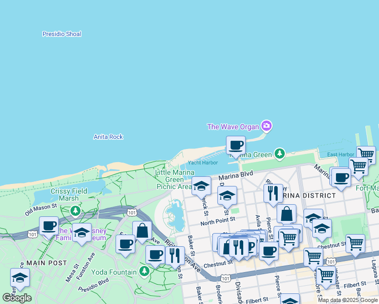map of restaurants, bars, coffee shops, grocery stores, and more near 99 Yacht Road in San Francisco