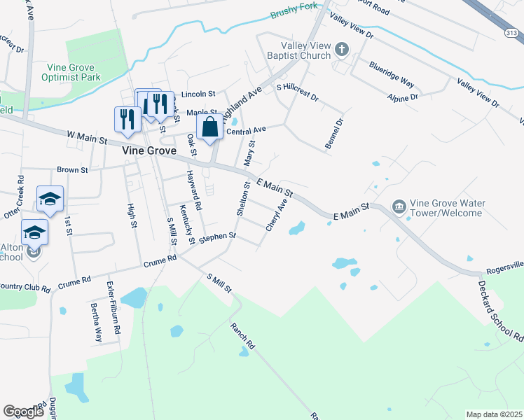 map of restaurants, bars, coffee shops, grocery stores, and more near 199 N Mill St in Vine Grove
