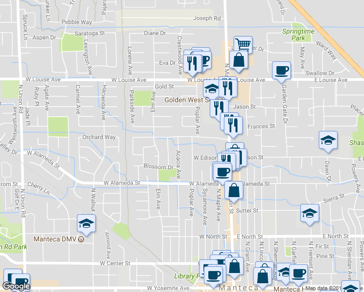 map of restaurants, bars, coffee shops, grocery stores, and more near 652 Acacia Avenue in Manteca
