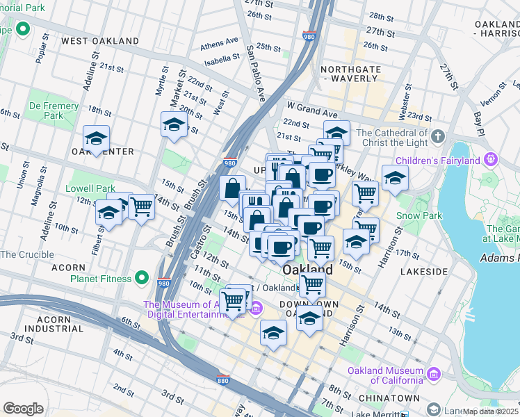 map of restaurants, bars, coffee shops, grocery stores, and more near 1603 Jefferson Street in Oakland