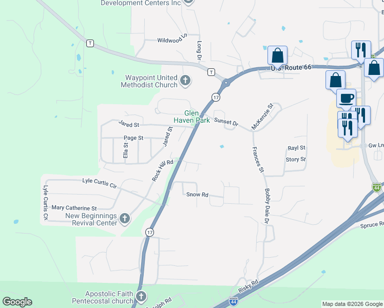 map of restaurants, bars, coffee shops, grocery stores, and more near 24404 Missouri 17 in Waynesville