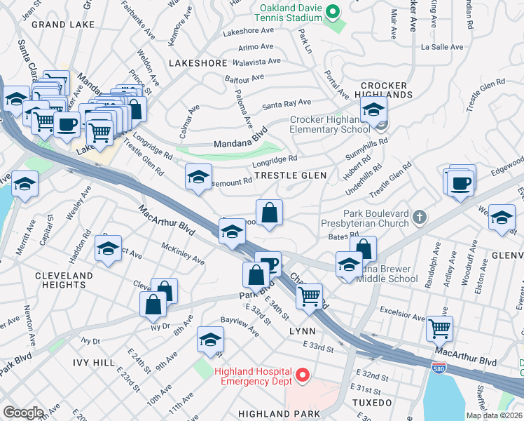 map of restaurants, bars, coffee shops, grocery stores, and more near 1066 Trestle Glen Road in Oakland