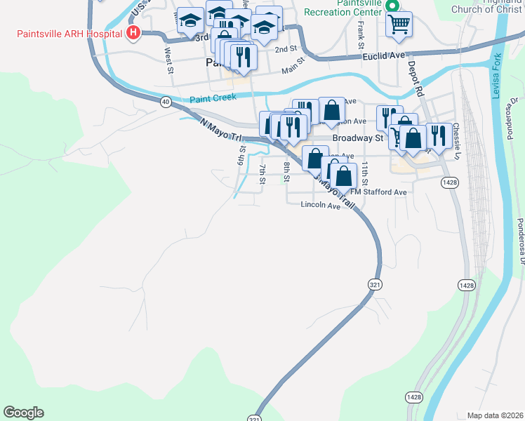 map of restaurants, bars, coffee shops, grocery stores, and more near 8th Street in Paintsville