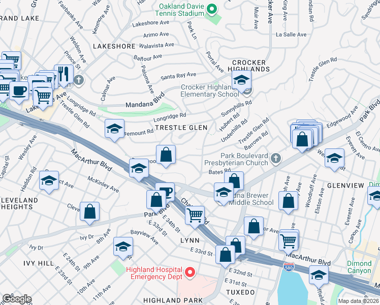 map of restaurants, bars, coffee shops, grocery stores, and more near 1168 Trestle Glen Rd in Oakland