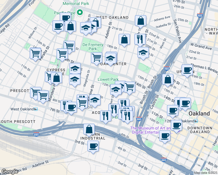 map of restaurants, bars, coffee shops, grocery stores, and more near 1035 12th Street in Oakland