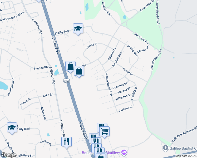 map of restaurants, bars, coffee shops, grocery stores, and more near 2925 Crockett Court in Radcliff