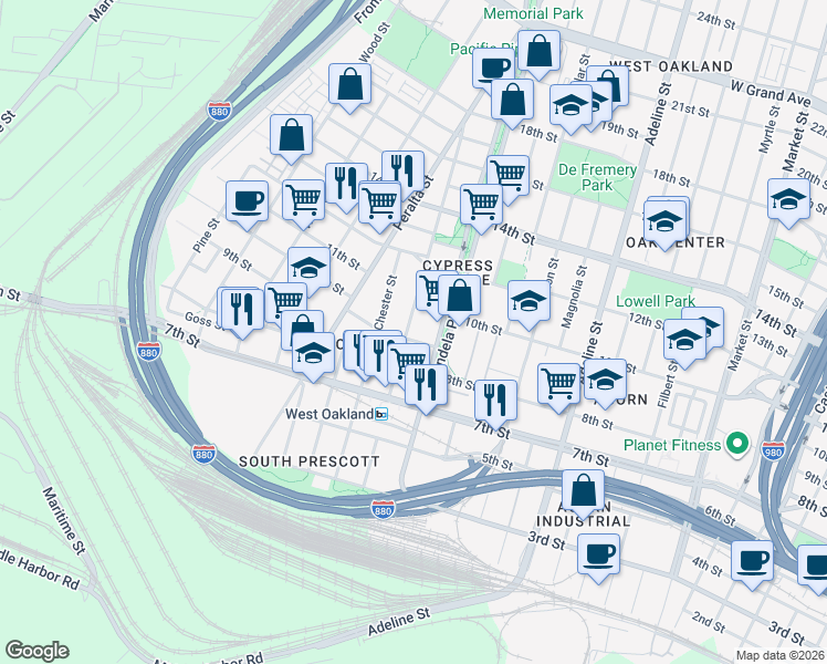 map of restaurants, bars, coffee shops, grocery stores, and more near 908 Center Street in Oakland