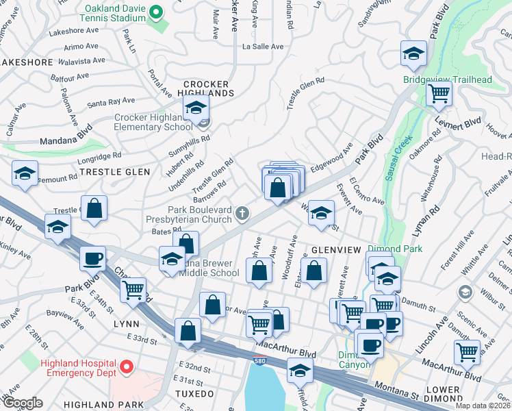 map of restaurants, bars, coffee shops, grocery stores, and more near in Oakland