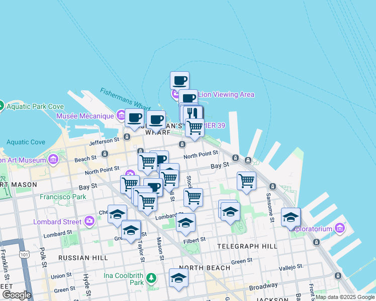 map of restaurants, bars, coffee shops, grocery stores, and more near 1 North Point Street in San Francisco