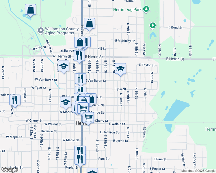 map of restaurants, bars, coffee shops, grocery stores, and more near 401-499 East Tyler Street in Herrin