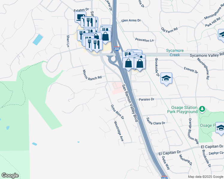 map of restaurants, bars, coffee shops, grocery stores, and more near 918 Podva Lane in Danville