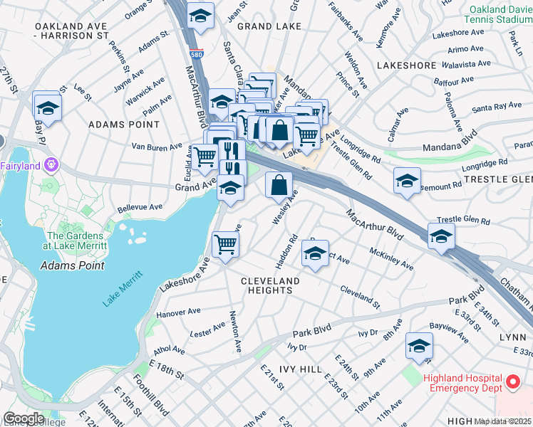 map of restaurants, bars, coffee shops, grocery stores, and more near 540 Merritt Avenue in Oakland