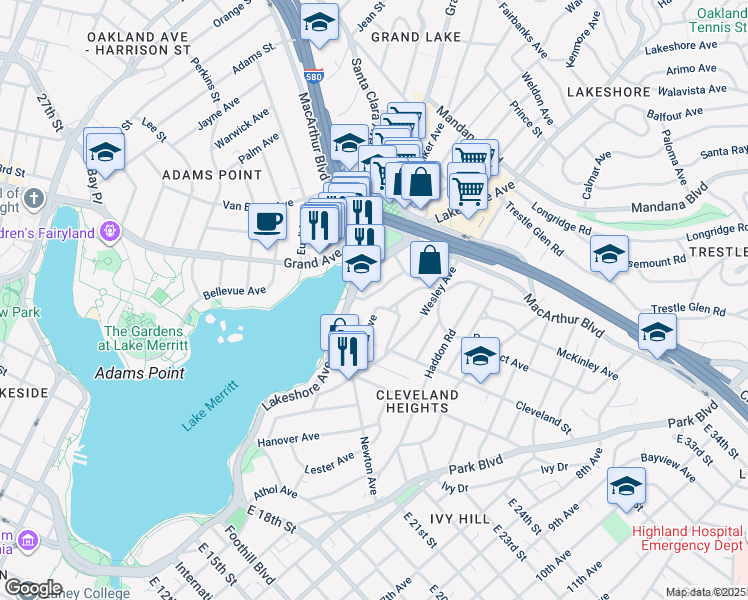 map of restaurants, bars, coffee shops, grocery stores, and more near 520 Boden Way in Oakland