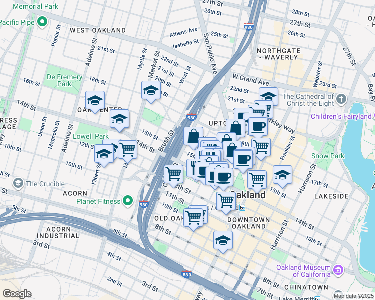 map of restaurants, bars, coffee shops, grocery stores, and more near 1425 Castro Street in Oakland