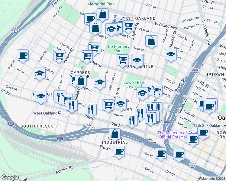 map of restaurants, bars, coffee shops, grocery stores, and more near 1027 Adeline Street in Oakland