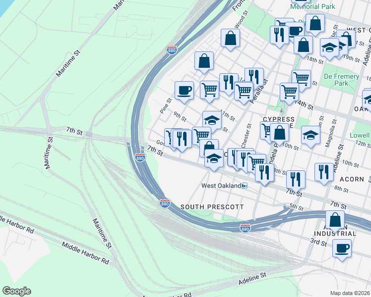 map of restaurants, bars, coffee shops, grocery stores, and more near 1717 8th Street in Oakland