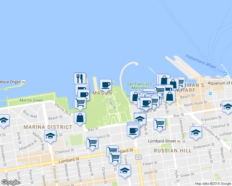 map of restaurants, bars, coffee shops, grocery stores, and more near 3299 Van Ness Avenue in San Francisco