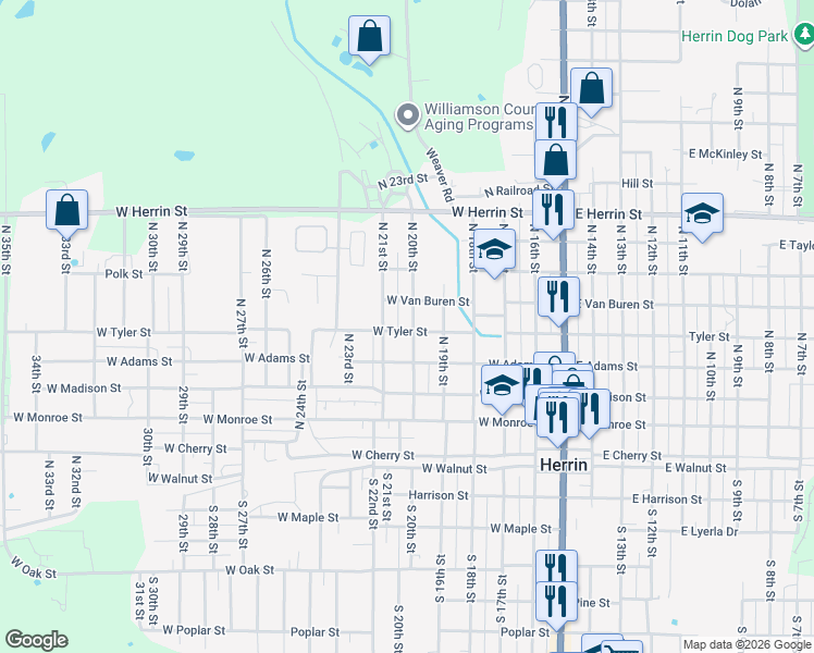 map of restaurants, bars, coffee shops, grocery stores, and more near 501 North 20th Street in Herrin