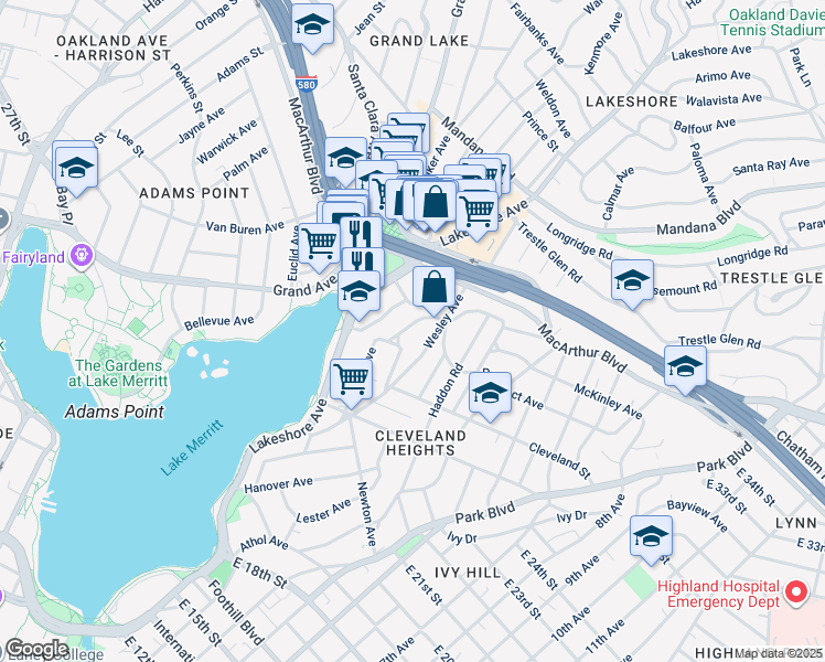map of restaurants, bars, coffee shops, grocery stores, and more near 540 Merritt Avenue in Oakland