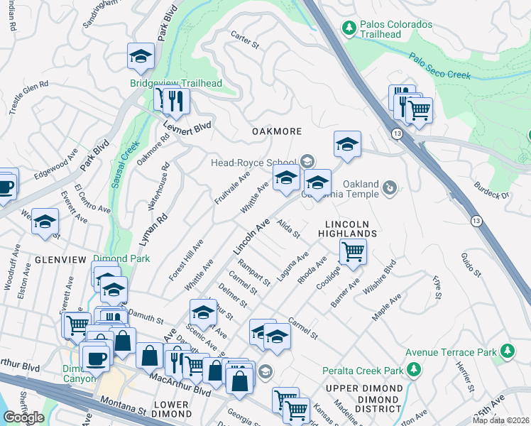 map of restaurants, bars, coffee shops, grocery stores, and more near 4167 Lincoln Avenue in Oakland
